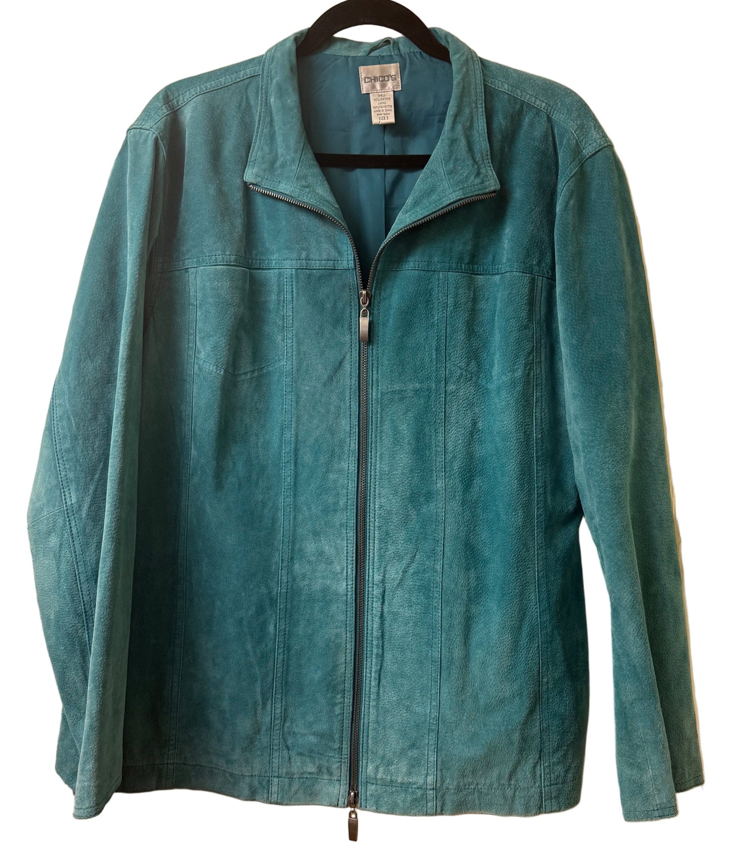 Chico's Suede Teal Leather Zip-Up Jacket SZ3 | Preowned