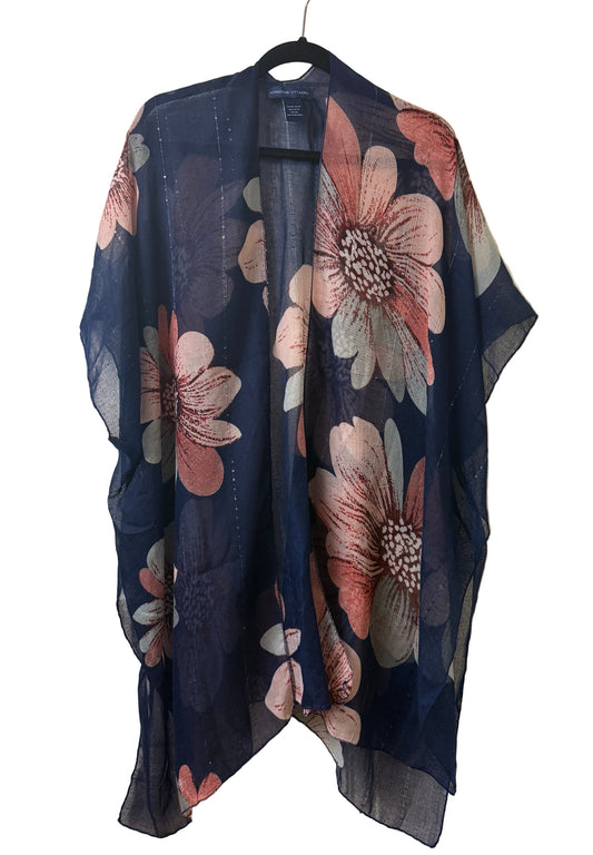 Adrienne Vittadini Duster Kimono Blue Floral OS |Preowned