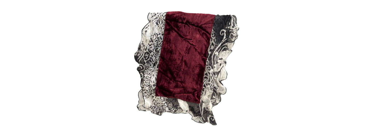 Scarf Velvet Ruffle Detail Wine with Black and White