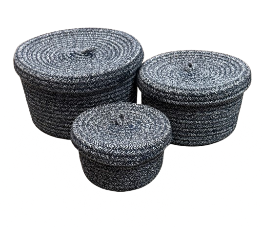 Set of 3 Nesting Black Cotton  Baskets with Lids| Preowned