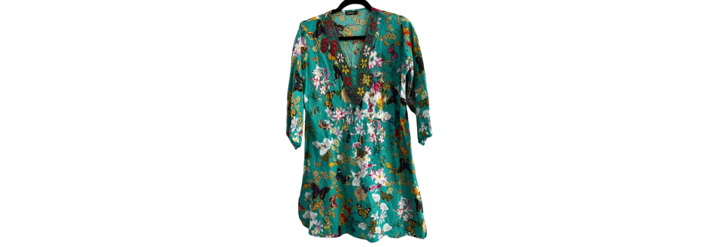 Gravity Blouse V Neck Green with Flowers -Large