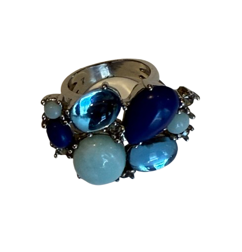 Silver Tone Multi Blue Stone Fashion Ring SZ 8 | Preowned