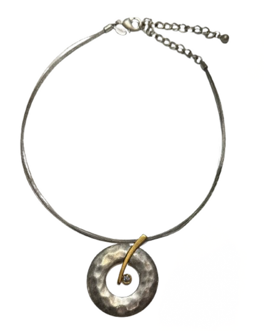 Chico's Silver and Gold Tone Hammered Pendant with Crystal on Wire Cord | Preowned