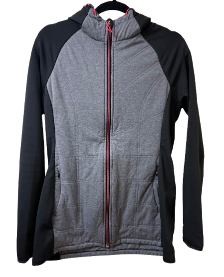 Athleta Hooded Full Zip Mixed Media Quilted Puffer Jacket Black/Gray Small | Preowned