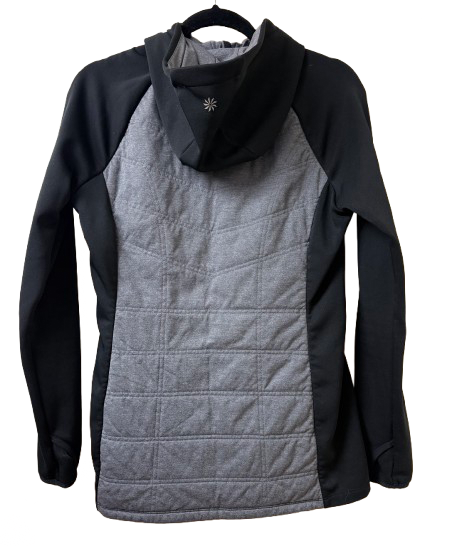 Athleta Hooded Full Zip Mixed Media Quilted Puffer Jacket Black/Gray Small | Preowned