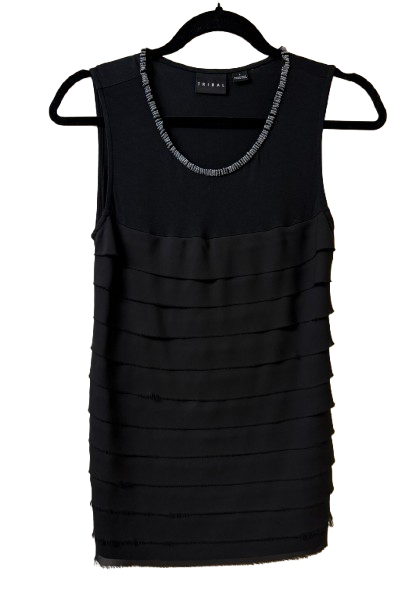 Tribal Black Sleeveless Ruffle Beaded Neckline Tank Top - SM | Preowned