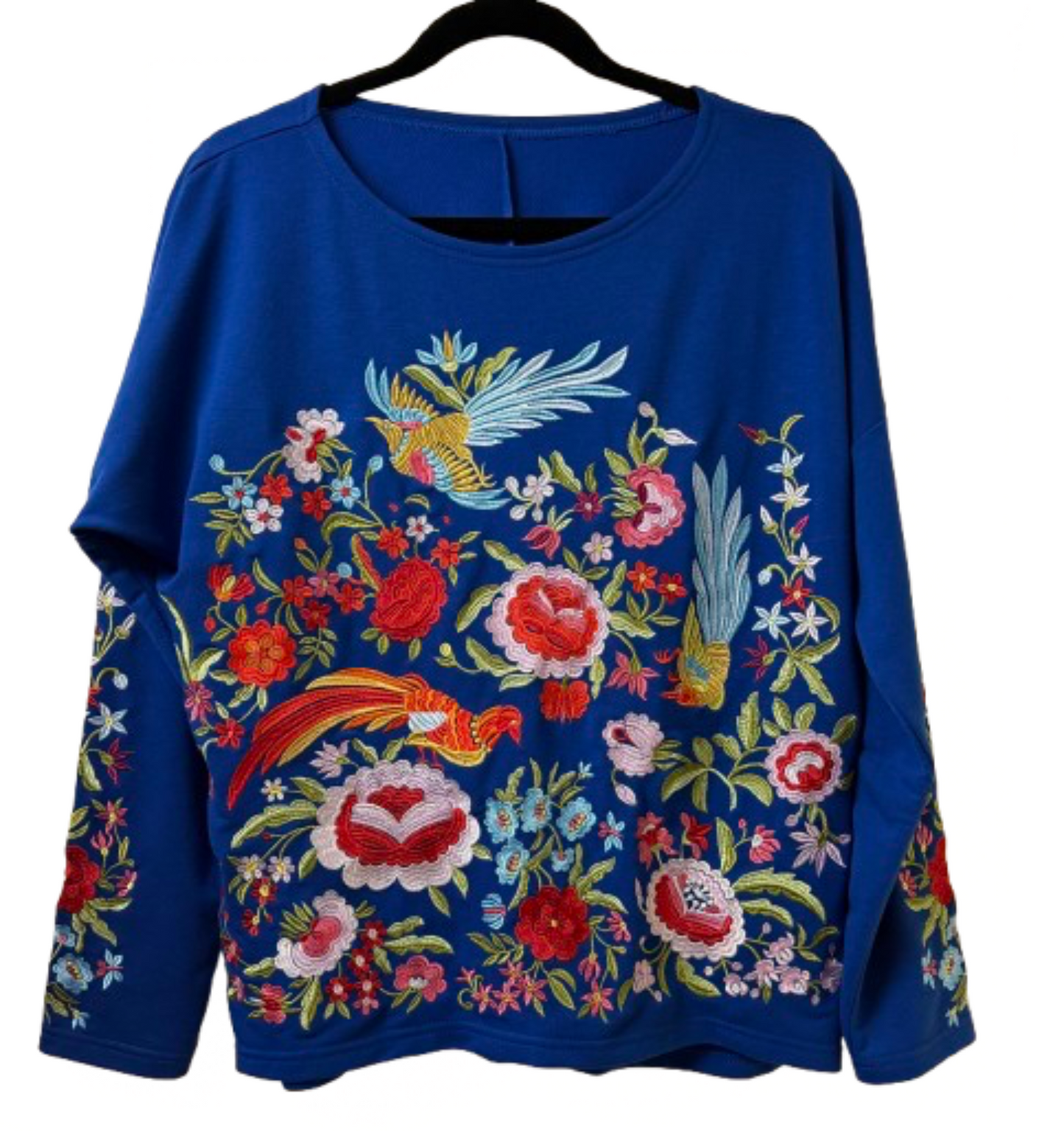 Blue Embroidered Top Flowers and Birds - Large | Preowned