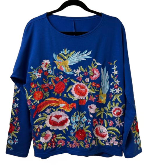 Blue Embroidered Top Flowers and Birds - Large | Preowned