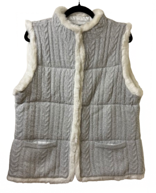 Talbots Metallic Sweater Vest with White Fur Trim - Large | Preowned