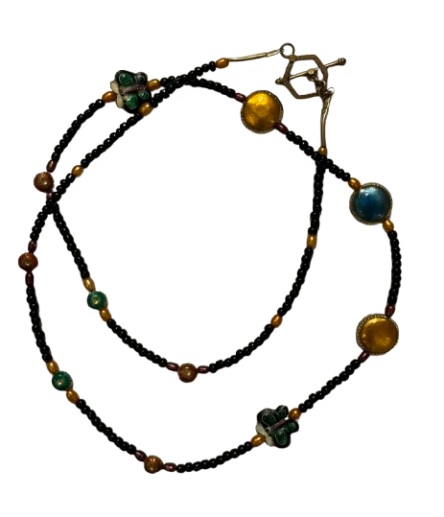 Black Beaded Necklace with Multi Color Beads and Butterflies | Preowned