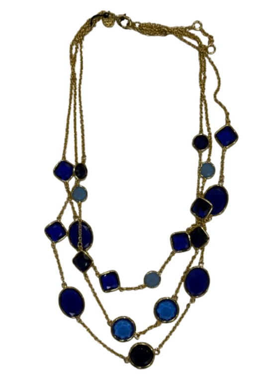 Talbots Gold Tone Triple Strand Blue Crystal Necklace | New with Tags