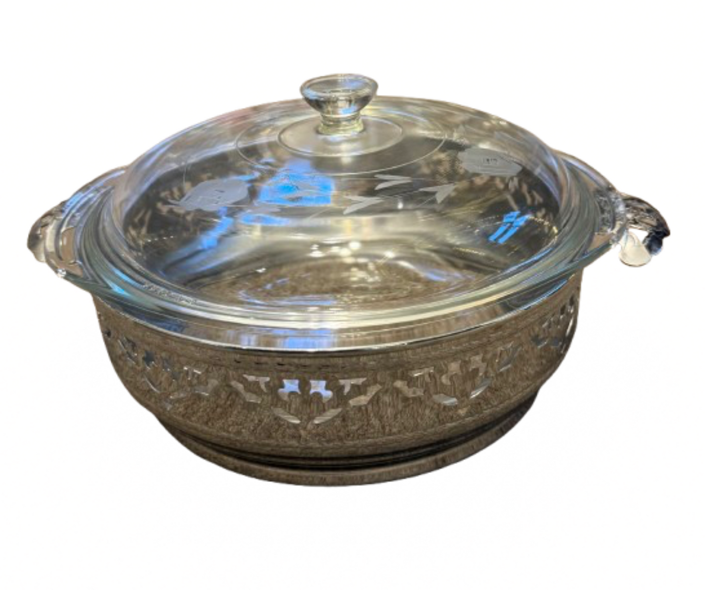 Vintage Pyrex Glass Serving Bowl with Lid in Silver Holder | Preowned