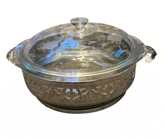 Vintage Pyrex Glass Serving Bowl with Lid in Silver Holder | Preowned