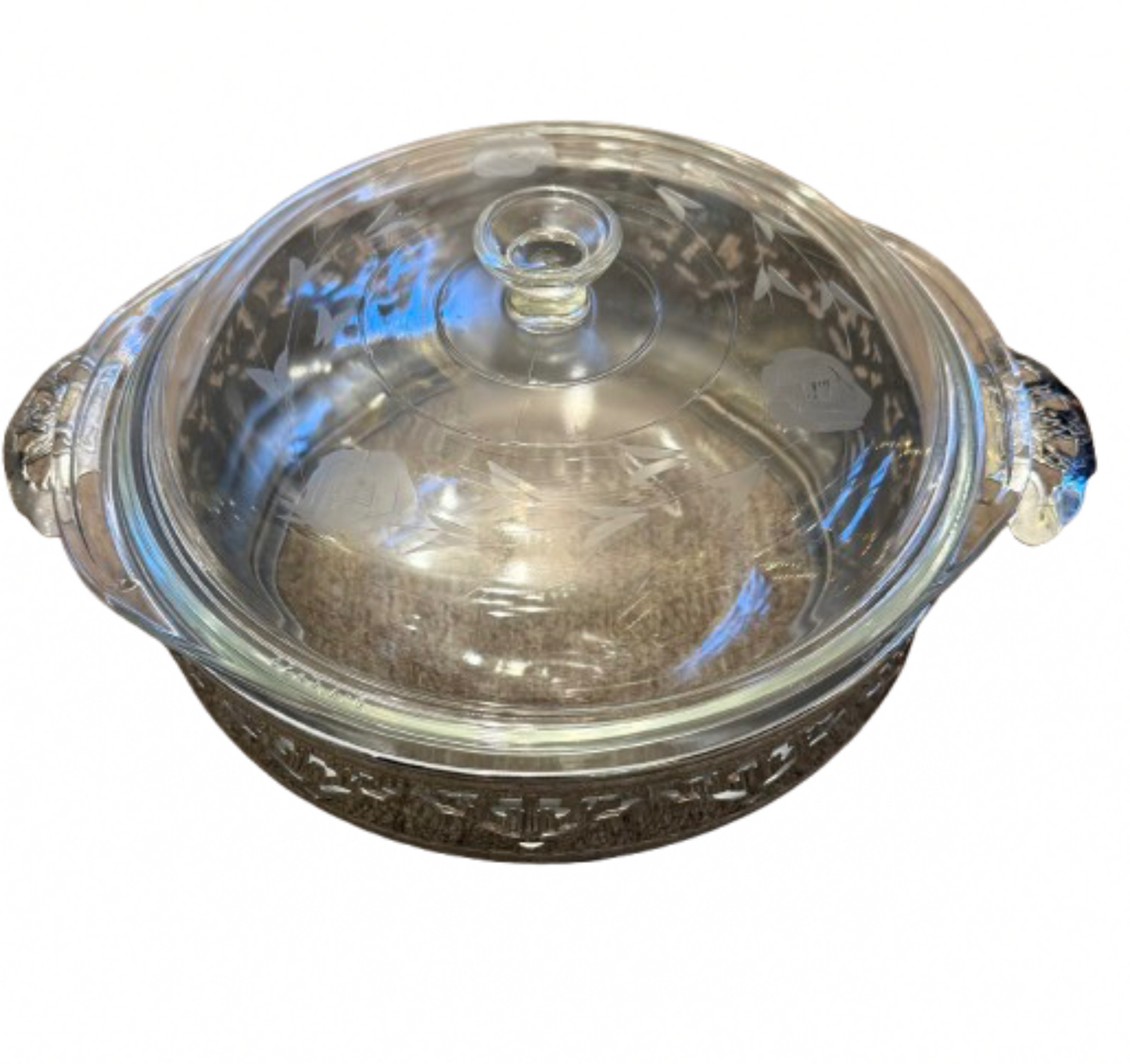 Vintage Pyrex Glass Serving Bowl with Lid in Silver Holder | Preowned