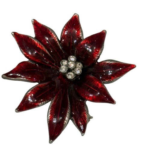 Red Poinsettia Holiday Pin with Rhinestone Center | Preowned