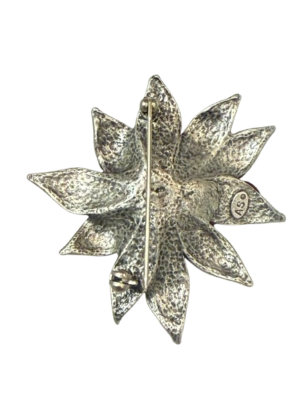 Red Poinsettia Holiday Pin with Rhinestone Center | Preowned