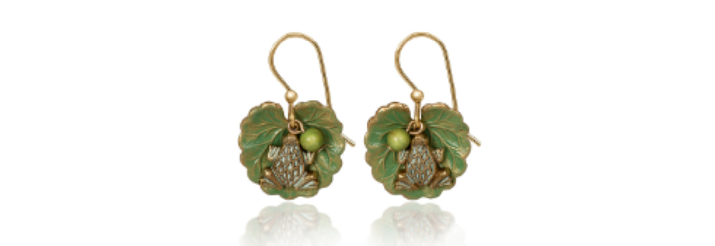 Earrings Frog On Leaf with Bead- Silver Forest