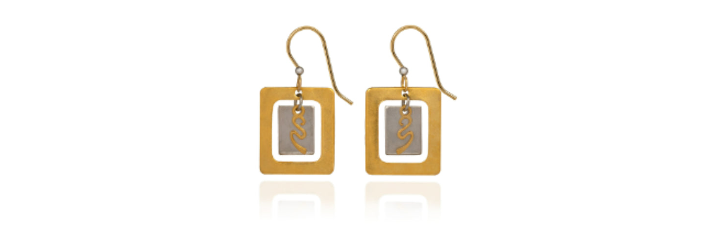 Earrings Two Squares with Squiggle - Silver Forest