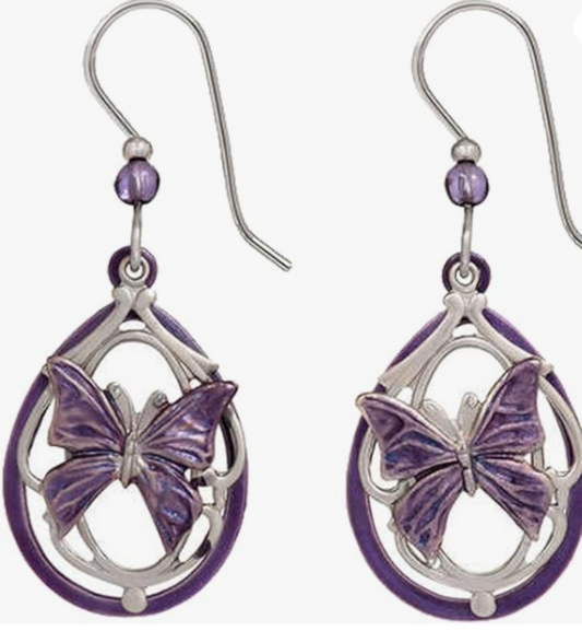 Purple Butterfly on Silver & Purple Shapes Earrings