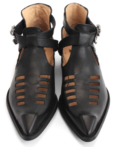 John Fluevog Sinead Black Leather Shoes: Swordfish Toe & Skull Buckle Sz 9 | Preowned