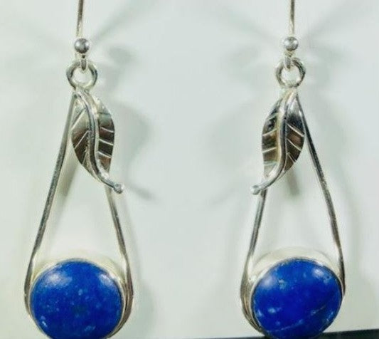 Sterling Silver Round Lapis with Feather Earrings