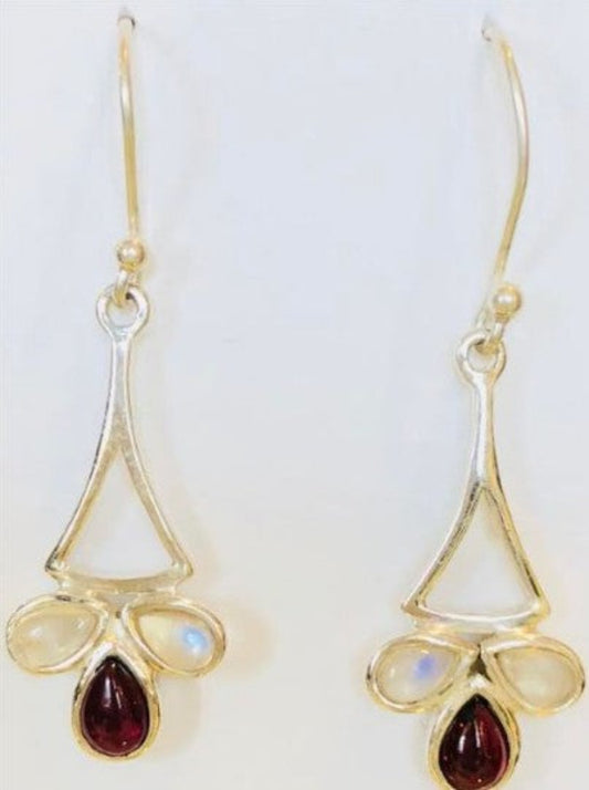 Sterling Silver Moonstone Triangular Drop with Garnet Earrings