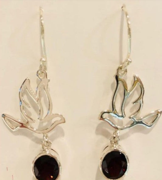 Sterling Silver Garnet Peace Dove Earrings