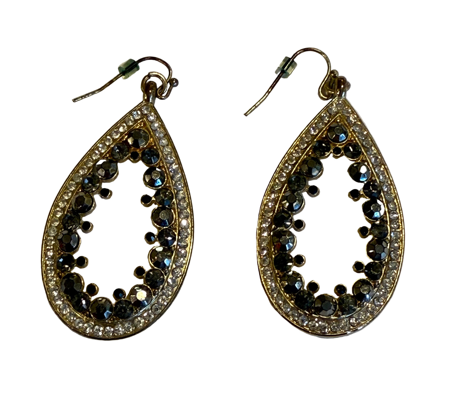 Open Teardrop Gold Tone Dangles with Gray & Clear Crystals | Preowned