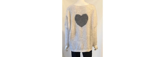 Lula Fine Knit V-Neck Sweater Off White with Gray Heart Icon - One Size