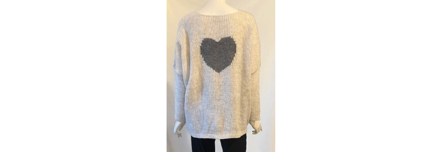 Lula Fine Knit V-Neck Sweater Off White with Gray Heart Icon - One Size