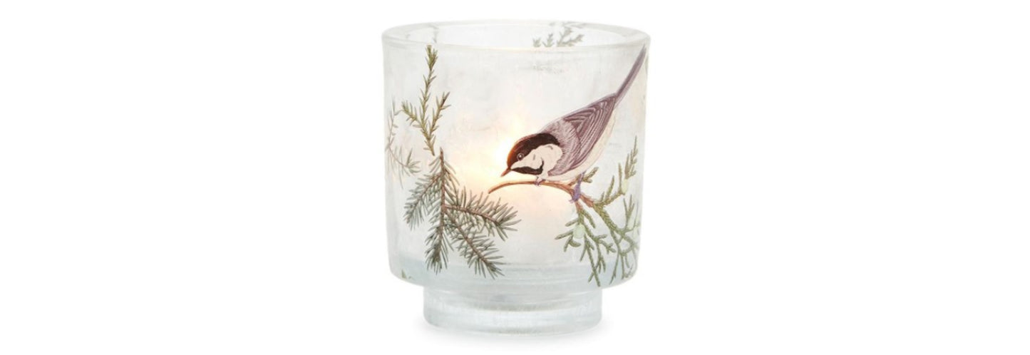 Frosted Glass Chickadee Candle Holder