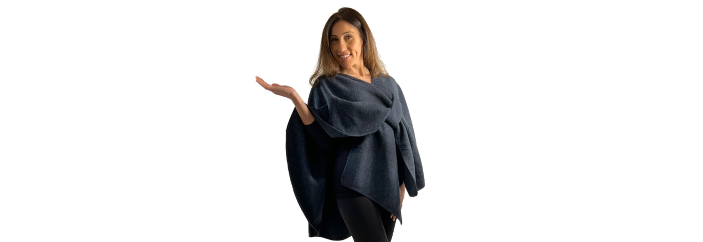 Wool Feel Cape with Faux Fur Detachable Collar - One Size