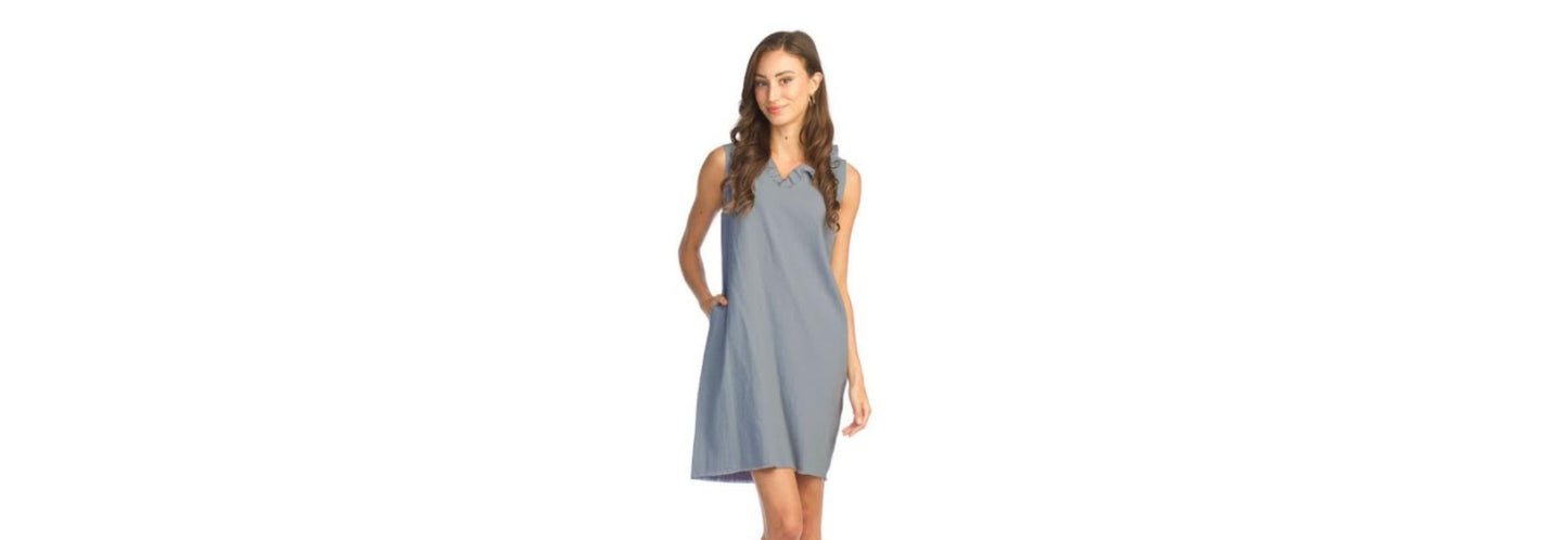 Tank Dress with Ruffle V-Neck & Raw Edge Hem - Powder Blue