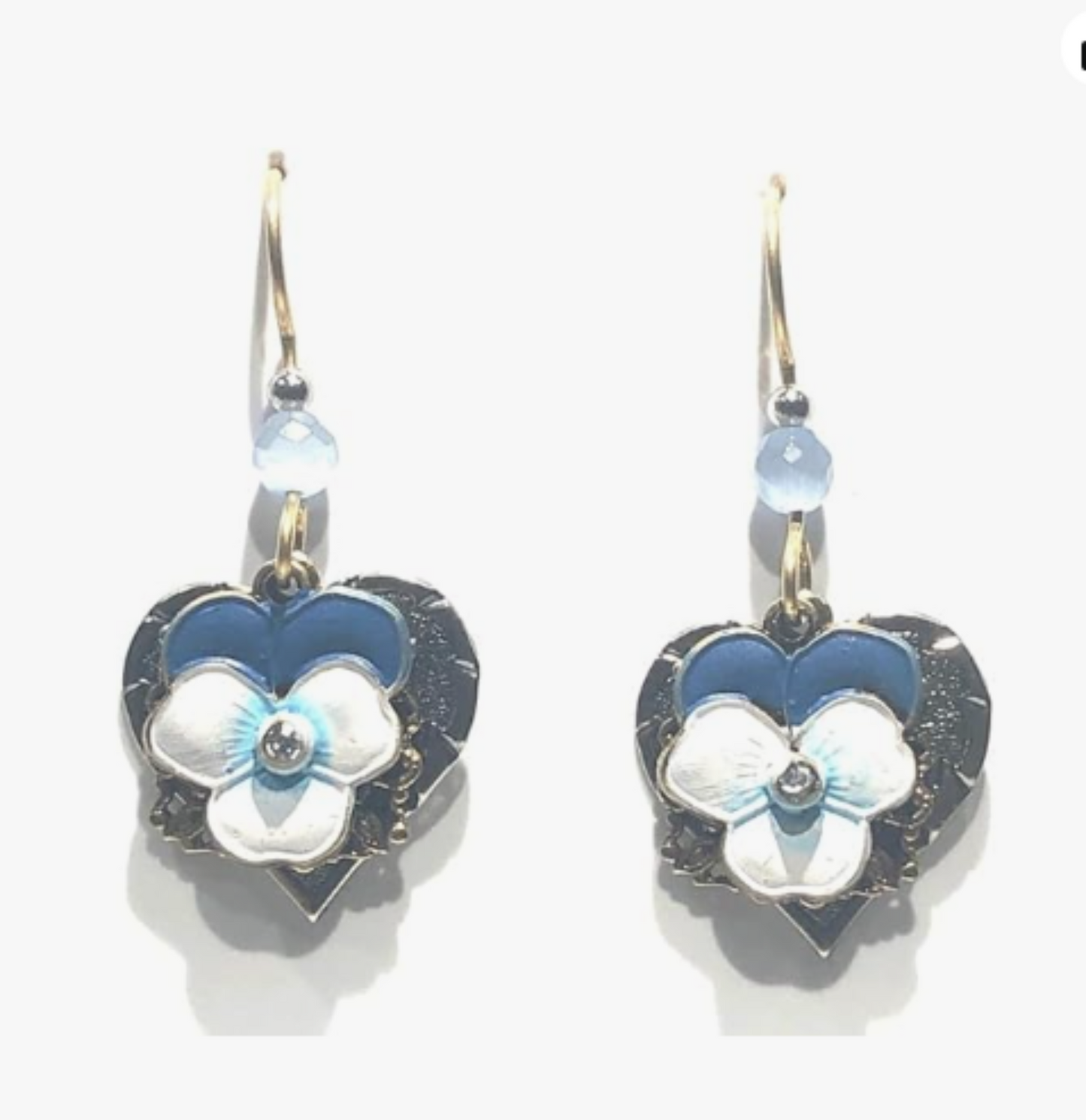 White and Blue Flower on Heart Shaped Filigree Earrings