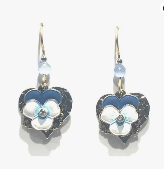 White and Blue Flower on Heart Shaped Filigree Earrings