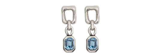 Handmade Pewter Earrings Rectangle Drop with Blue Crystal