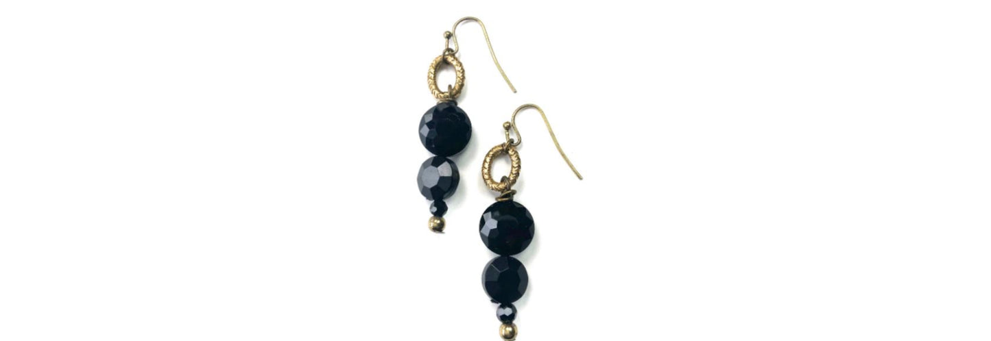 Earrings Graduating Glass Black Beads on Ring