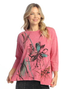 Mineral Washed 3/4 Sleeve Cotton Slub Top W/ Double-Gauze Pocket