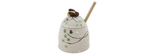 Stoneware Honey Jar with Lid & Wood Honey Dipper