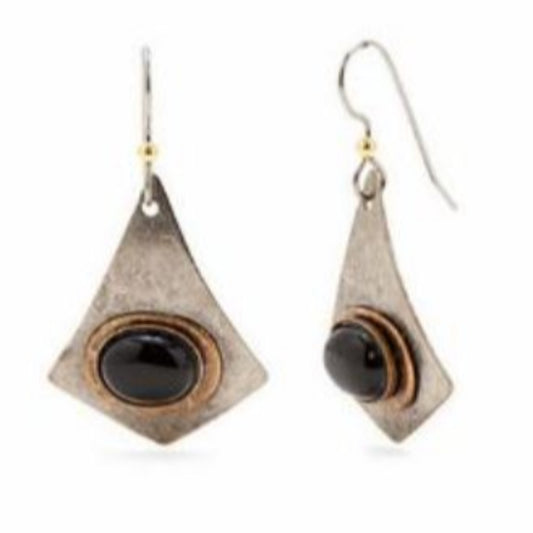 Oval Black Stone on Silver Kite Shape Earrings