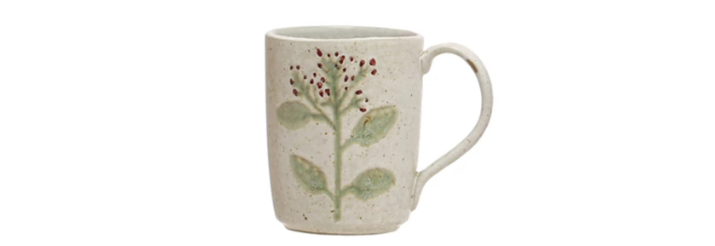 Stoneware Mug With Red Flowers