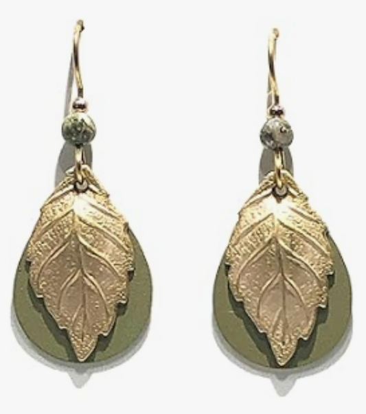 Green Tear & Gold Sculpted Leaf Earrings