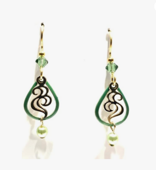 Open Green Tear with Gold Swirl and Green Bead Earrings