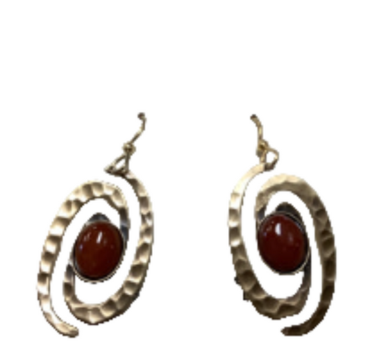 Hammered Coil and Oval Cabachon Earrings