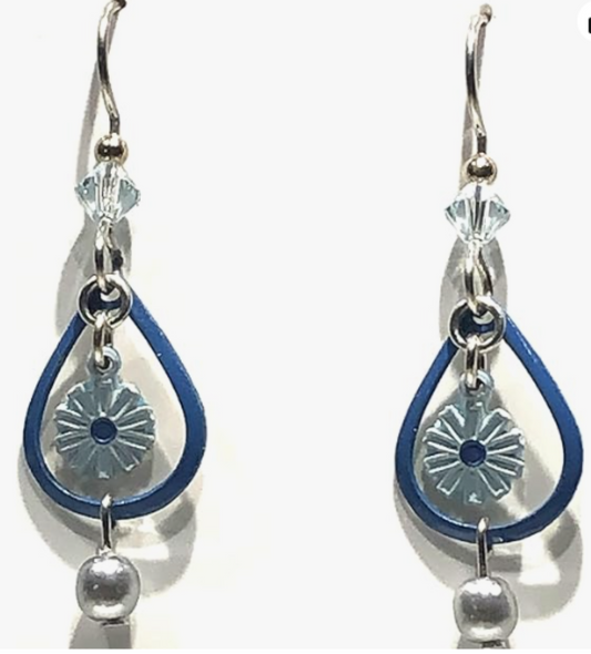Blue Flower in Open Blue Tear Earrings