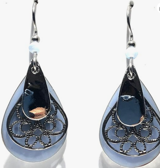 Light Blue Teardrop and Silver Filigree Earrings