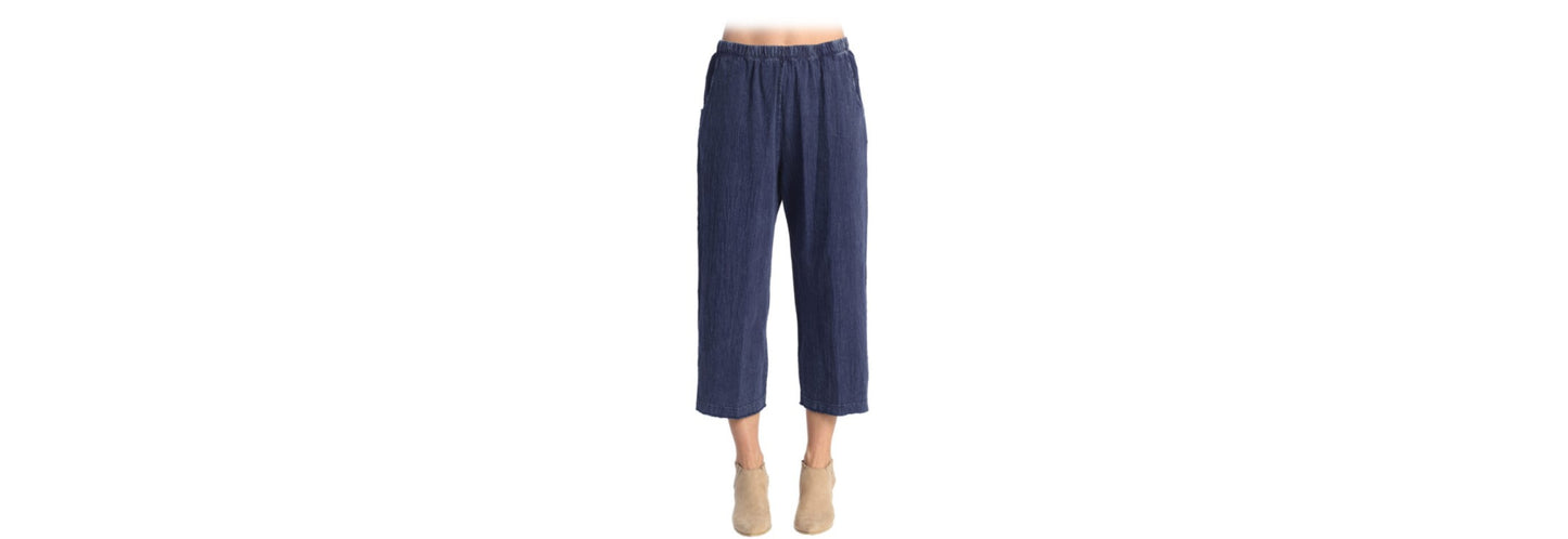 Crinkle Cotton Cropped Pants - Denim Blue