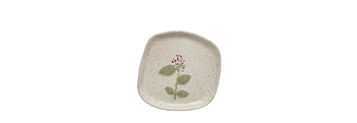 Stoneware Square Plate With Red Flowers