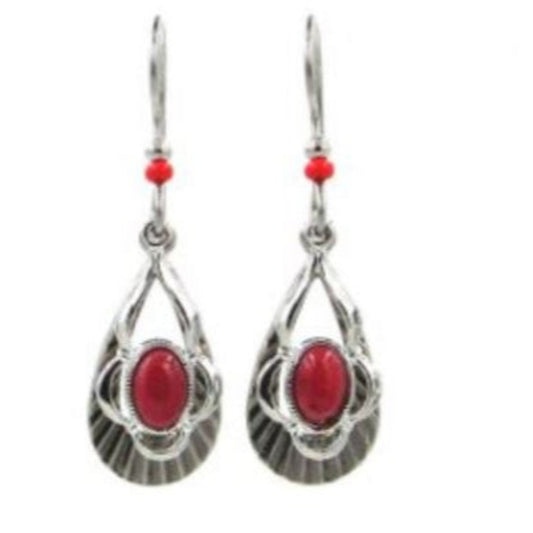 Open Silver Teardrop Dangle Earrings with Red Stone