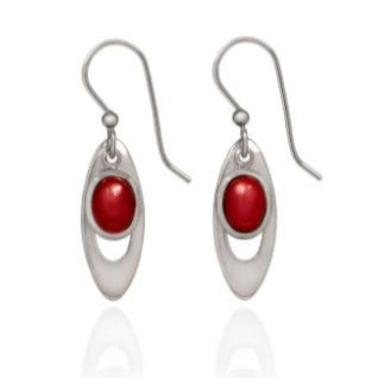 Earrings Silver Open Long Oval with Red Stone